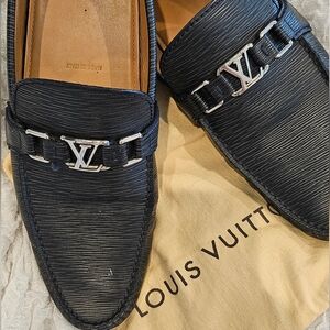 Authentic Louis Vuitton Textured Black Loafers with Silver Logo